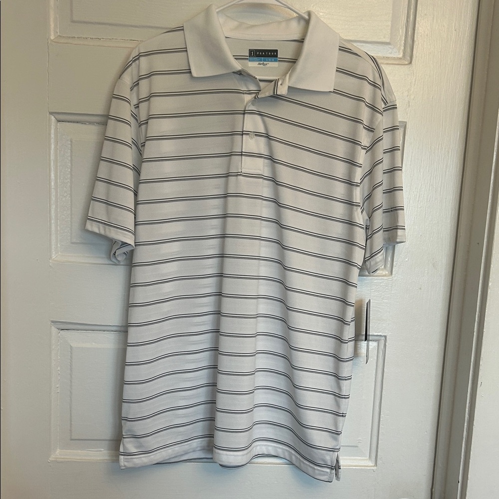 PGA Tour Men's Polo Shirt - White with Black and Gray Stripes